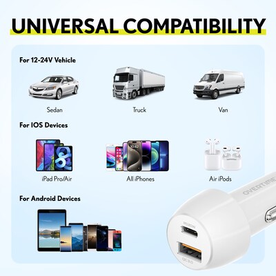 Overtime USB-A/USB-C Car Charger, 38W, White (OTC2USB2ASL)