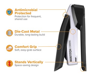 Bostitch InPower® Spring-Powered Desktop Stapler, 28-Sheets, Silver/Black (ACF1110)