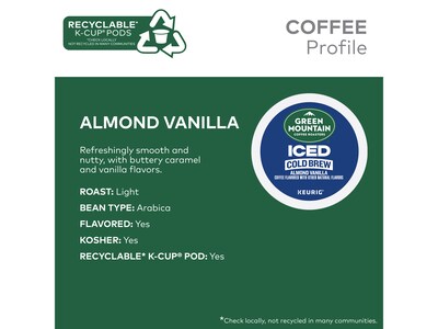 Green Mountain Coffee Roasters Iced Cold Brew Almond Vanilla Iced Coffee Keurig® K-Cup® Pods, Light Roast, 20/Box (5000372045)