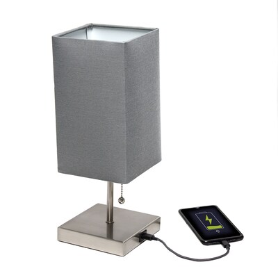 Simple Designs Petite Stick Lamp with USB Charging Port and Fabric Shade, Gray (LT1087-GRY)