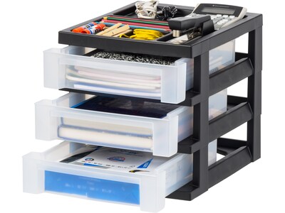 Iris 3-Compartment Stackable Desktop Storage Drawer, Black/Translucent White (116351)