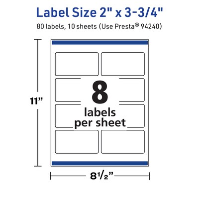 Avery TrueBlock Laser/Inkjet Rectangle Multipurpose Labels, 2" x 3.75", White, 80/Pack (94240)