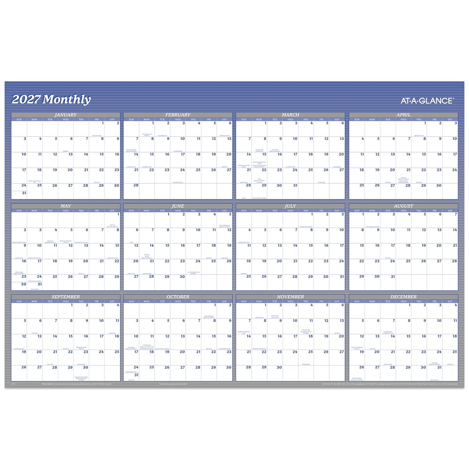 2027 AT-A-GLANCE 48 x 32 Yearly Dry Erase Wall Calendar, Reversible, White/Blue (A1152-27)