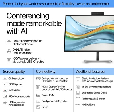 HP 5 Series Pro USB-C 27" 4K Ultra HD 75Hz LCD Monitor, Black (9E0Y9UT#ABA)