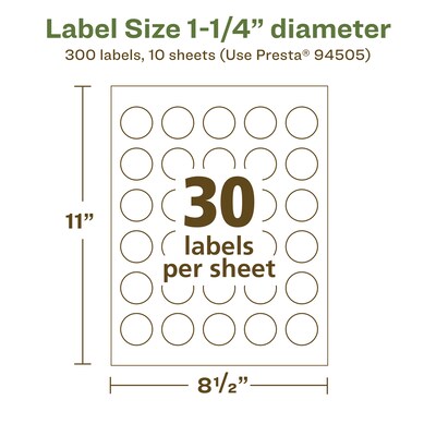 Avery EcoFriendly Laser/Inkjet Circle Multipurpose Labels, 1-1/4" Dia., White, 300/Pack (94505)