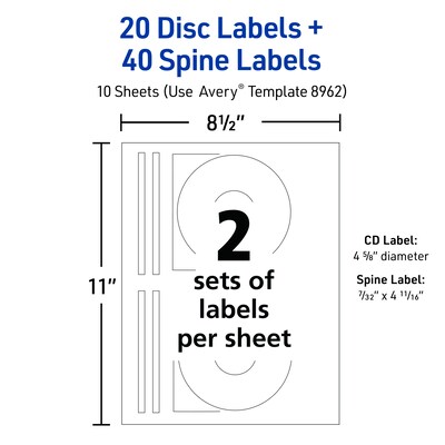 Avery Inkjet Film DVD Labels, Matte White, 2 Labels/Sheet, 10 Sheets/Pack, 20 Labels/Pack (8962)
