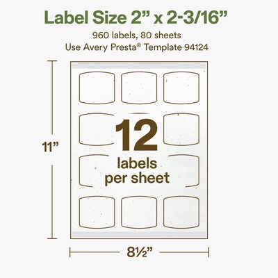 Avery Hemp Arched Square Laser/Inkjet Multipurpose Labels, 2" x 2-3/16", Off-White (960/Box)
