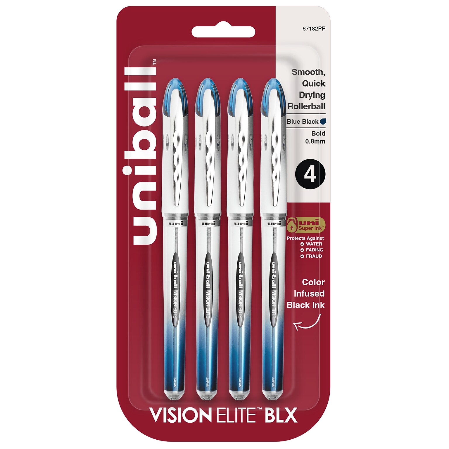 uni-ball Vision Elite Rollerball Pens, Bold Point, Blue/Black Ink, 4/Pack (67182)