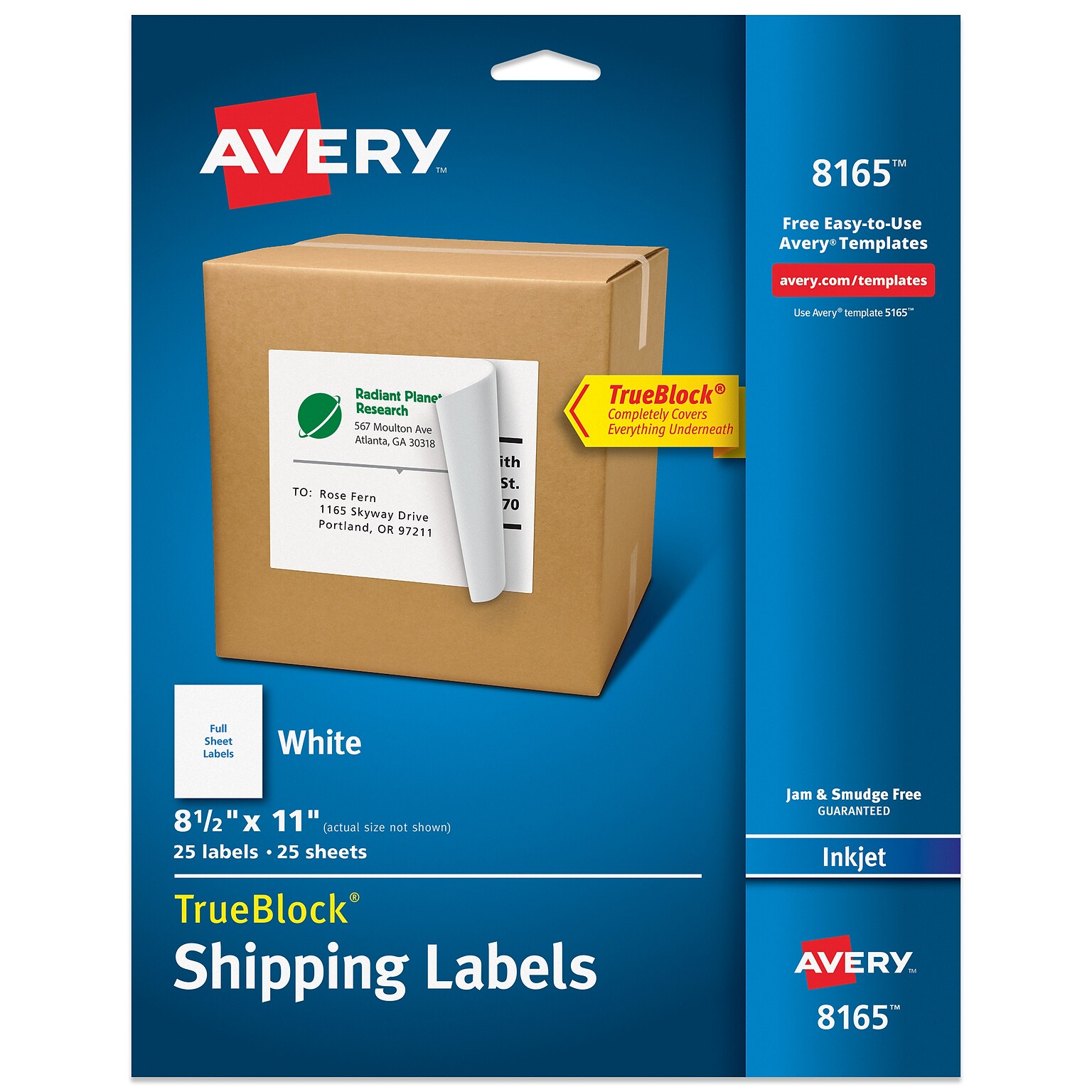 Avery TrueBlock Inkjet Shipping Labels, 8.5 x 11, Matte White, 25 Labels/Pack (8165)