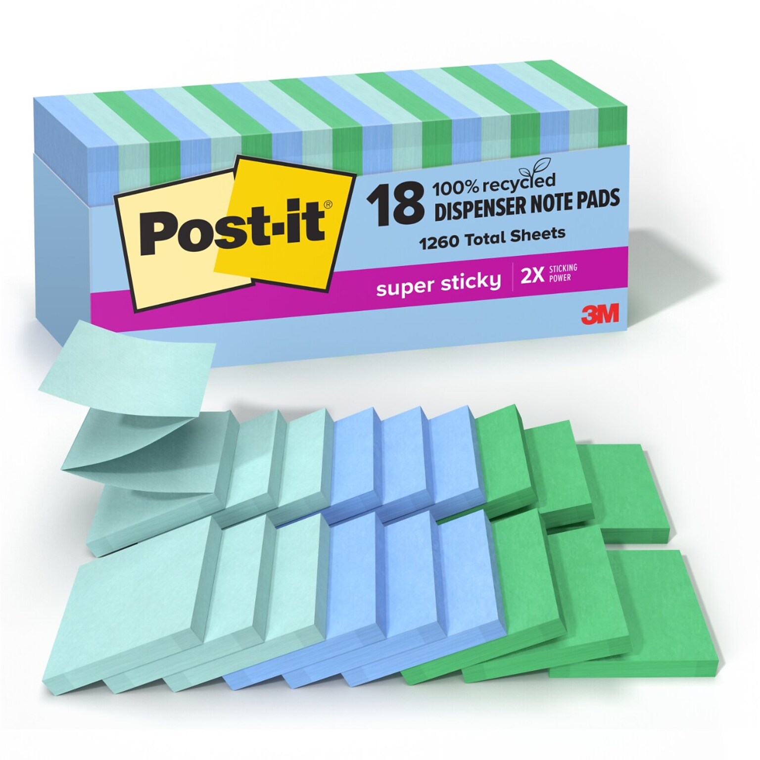 Post-it Recycled Super Sticky Pop-up Notes, 3 x 3, Oasis Collection, 70 Sheet/Pad, 18 Pads/Pack (R330-18SST-CP)