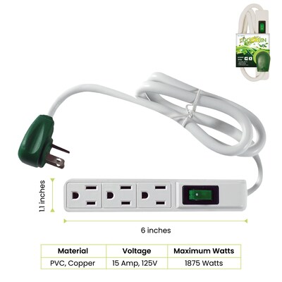GoGreen Power Power Strip, 3 Outlet, White, 3/Pack (GG-13002MS)