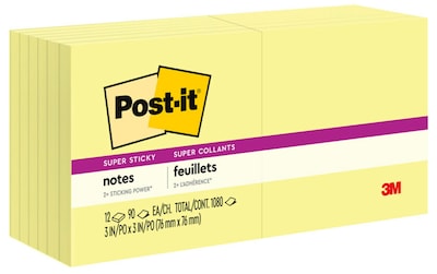 Post-it Super Sticky Notes, 3 x 3 in., 12 Pads, 90 Sheets/Pad, 2x the Sticking Power, Canary Yellow