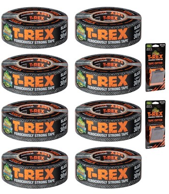 T-REX Heavy Duty Duct Tape with Cutters, 1.88 x 30 Yds., Black, 8 Rolls/Pack (TRB8CUT2-STP)