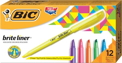 BIC Brite Liner Stick Highlighters, Chisel, Assorted, 12/Pack (BL11-AST)