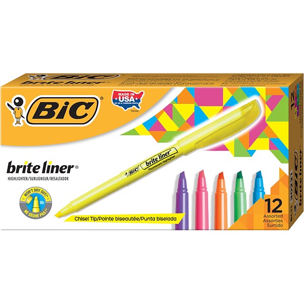 BIC Brite Liner Stick Highlighters, Chisel, Assorted, Dozen (30221)