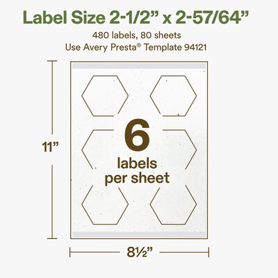 Avery Hemp Hexagon Laser/Inkjet Multipurpose Labels, 2-1/2" x 2-57/64", Off-White (480/Box)