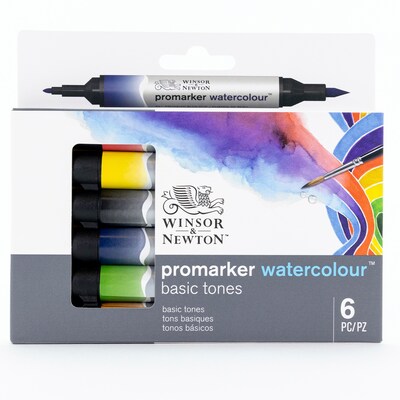 Winsor & Newton Promarker Dual-Tip Watercolor Alcohol Based Marker, Basic Tones, 6/Pack (WNX0290164)