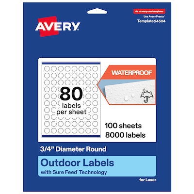 Avery Waterproof Round Laser Multipurpose Labels, 0.75 Dia., White, 8000/Box (19479399419)