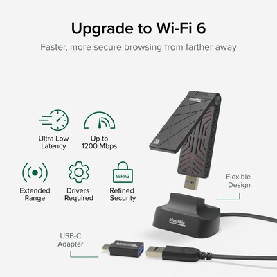 Plugable USB 3.0 Wi-Fi 6 AX1800 Wireless Adapter, Black (USB-WIFIAX)