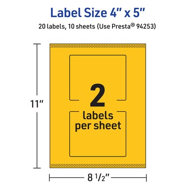 Avery Laser/Inkjet Rectangle Multipurpose Labels, 4" x 5", Bright Yellow, 20/Pack (94253)