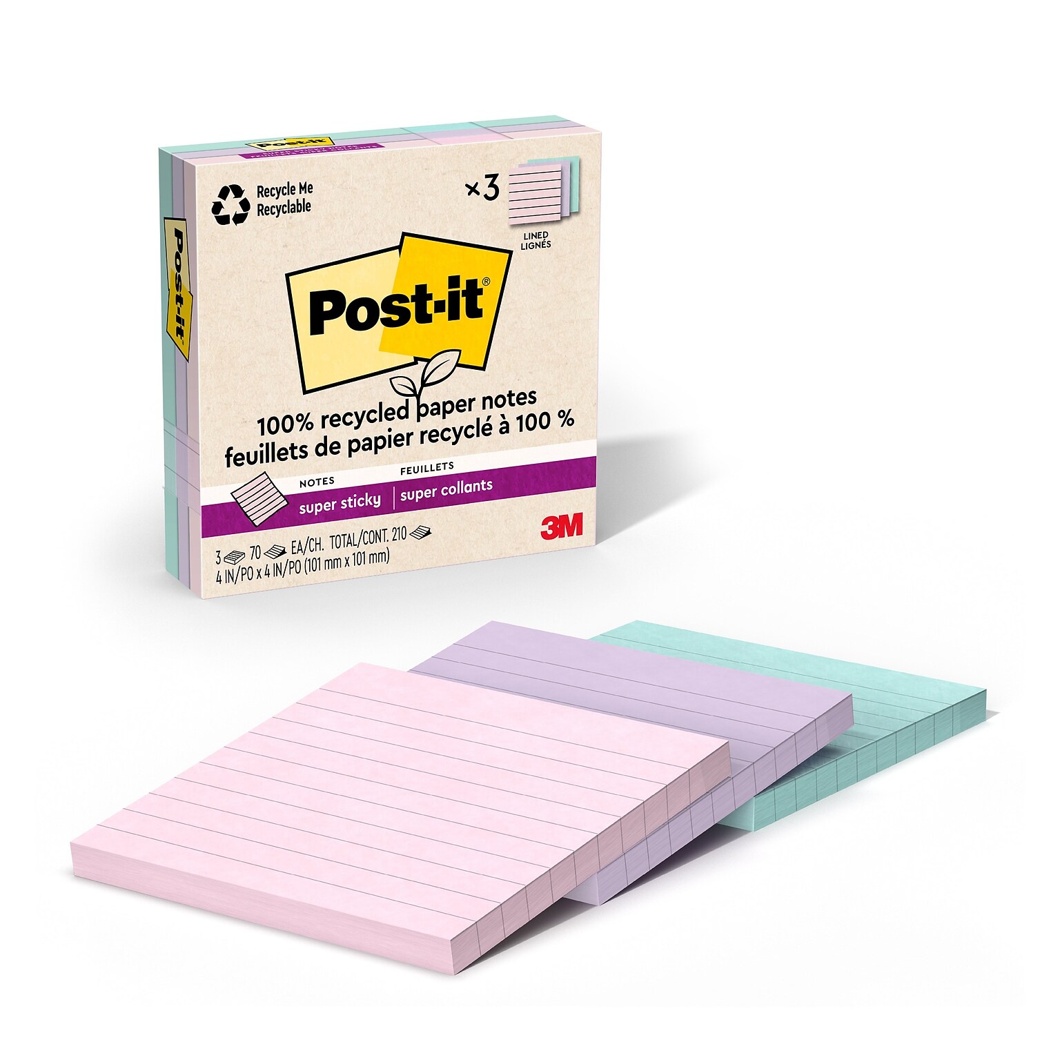 Post-it Recycled Super Sticky Notes, 4 x 4, Wanderlust Pastels Collection, Lined, 70 Sheets/Pad, 3 Pads/Pack (675R-3SSNRP)