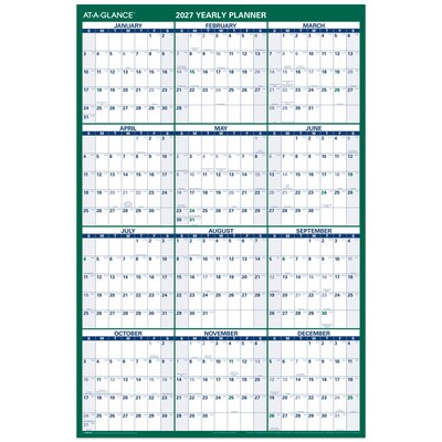 2027 AT-A-GLANCE 32 x 48 Yearly Dry Erase Wall Calendar, Reversible, White/Green (PM310-28-27)