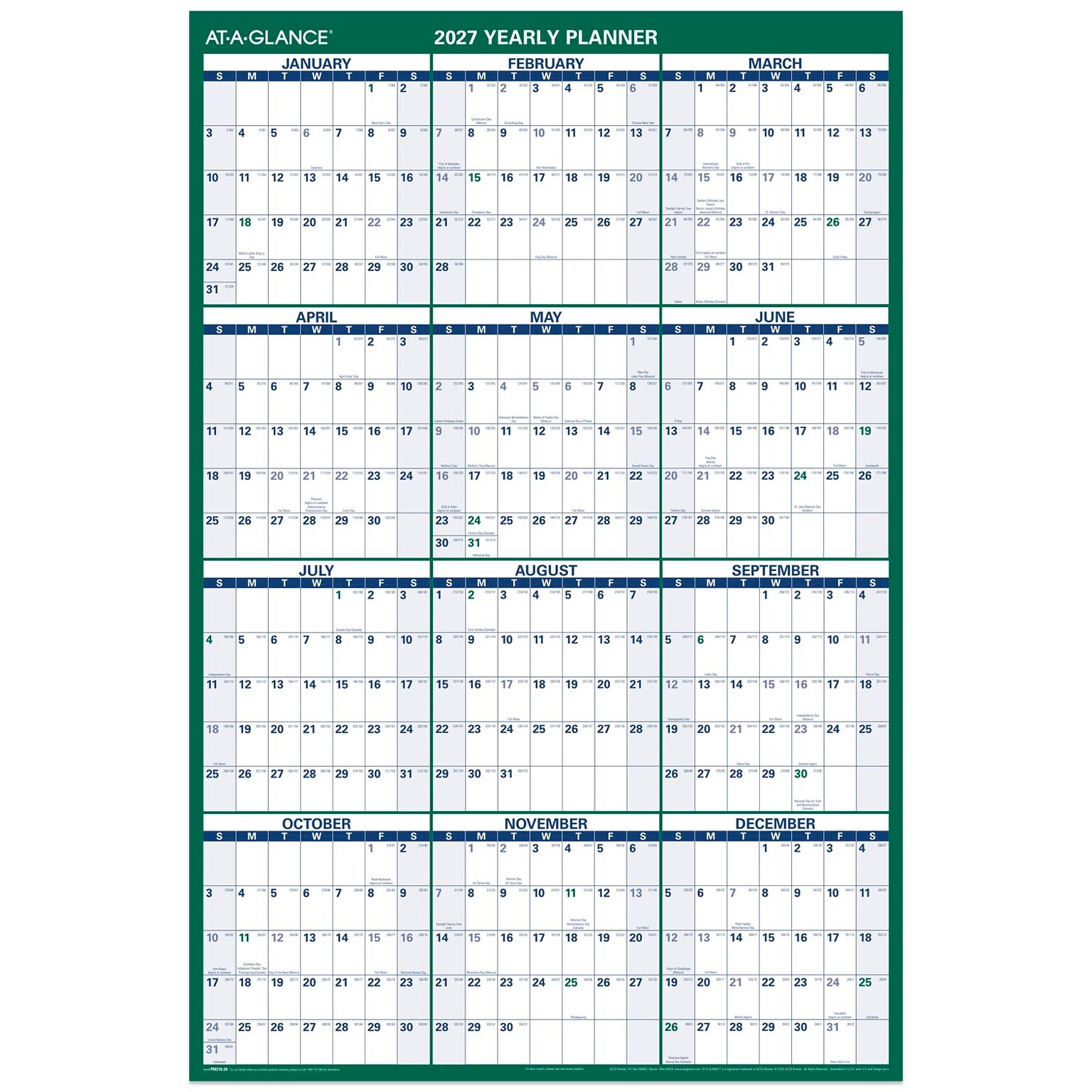 2027 AT-A-GLANCE 32 x 48 Yearly Dry Erase Wall Calendar, Reversible, White/Green (PM310-28-27)