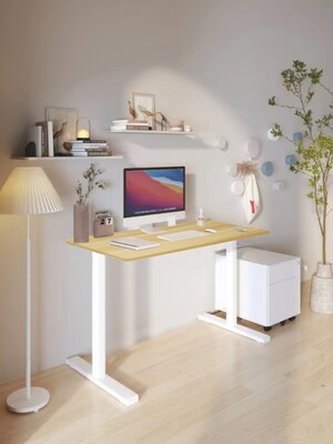 Uncaged Ergonomics Rise Up Essential Electric Standing Desk, 23.6" x 47.2", Maple Desktop/White Frame (RUE-wm)