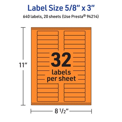 Avery Laser/Inkjet Multipurpose Rectangle Labels, 5/8" x 3", Bright Orange, 640/Pack (94214)