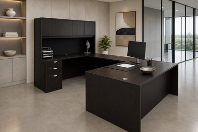 Boss Office Products 66" U-Shaped Desk with File Pedestal and Hutch, Mocha (GROUPA15-MOC)