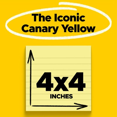 Post-it Super Sticky Notes, 4 x 4 in., 6 Pads, 90 Sheets/Pad, Lined, The Original Post-it Note, Canary Yellow