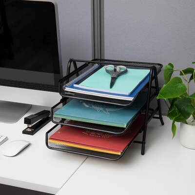 Mind Reader 3-Tier Stackable Paper Desk Tray Organizer, Metal, Black (3TPAPER-BLK)