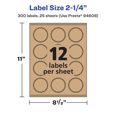 Avery Laser/Inkjet Burst Multipurpose Labels, 2.25" Dia., Kraft Brown, 300 Labels/Pack ( 94608)