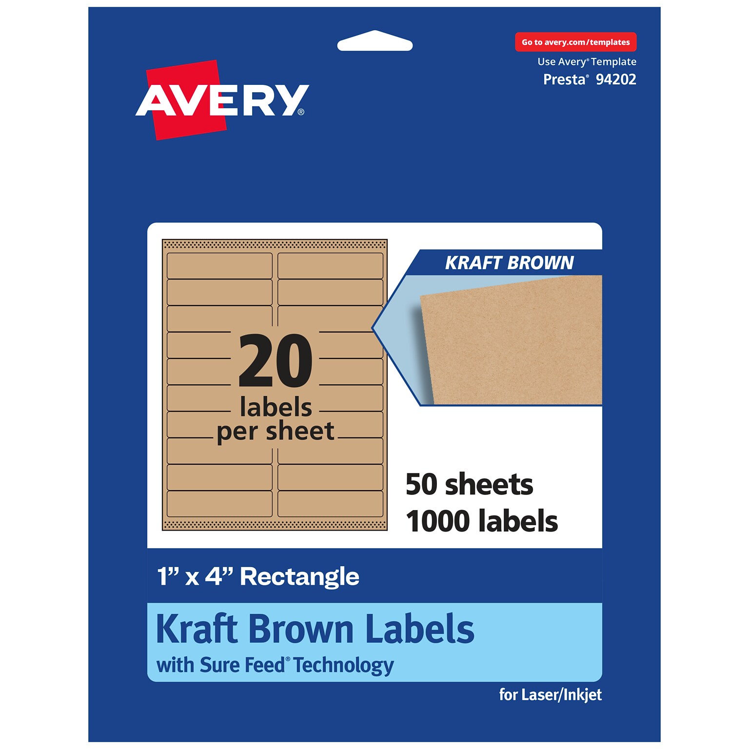 Avery Laser/Inkjet Rectangle Multipurpose Labels, 1 x 4, Kraft Brown, 1000 Labels/Box (94202)