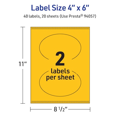 Avery Oval Laser/Inkjet Multipurpose Labels, 4" x 6", Bright Yellow (40/Pack)