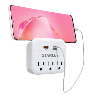 STANLEY SurgePro 3 3-Outlet Exreme Surge Protector Wall Tap with Phone Shelf & 2-USB Ports, 600 Joules, White (30423)