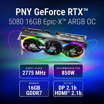 PNY NVIDIA GeForce RTX 5080 EPIC-X ARGB OC Triple Fan PCIe 5.0 16GB GDDR7 Gaming Graphics Card, 2295
