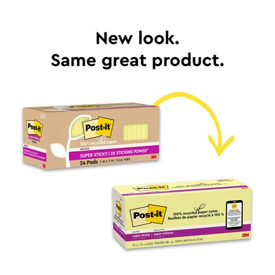 Post-it Recycled Super Sticky Notes, 3" x 3", Canary Collection, 70 Sheets/Pad, 24 Pads/Pack (654R-24SSCY-CP)