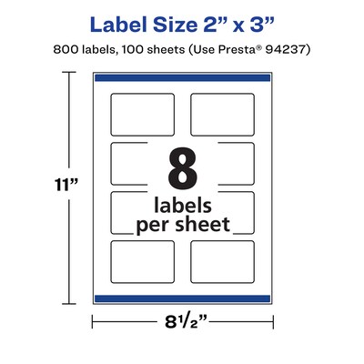 Avery Laser/Inkjet Rectangle Multipurpose Labels, 2" x 3", White, 800 Labels/Box (94237)