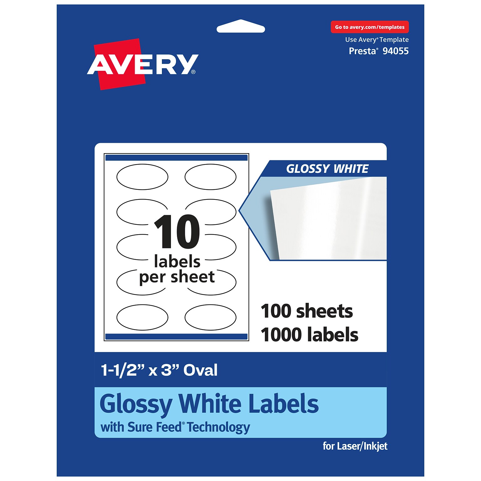 Avery Laser/Inkjet Multipurpose Oval Labels, 3 Dia, Glossy White, 1000/Box (94055)