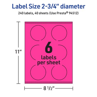 Avery Round Laser/Inkjet Multipurpose Labels, 2.75" Dia, Neon Magenta (240/Box)