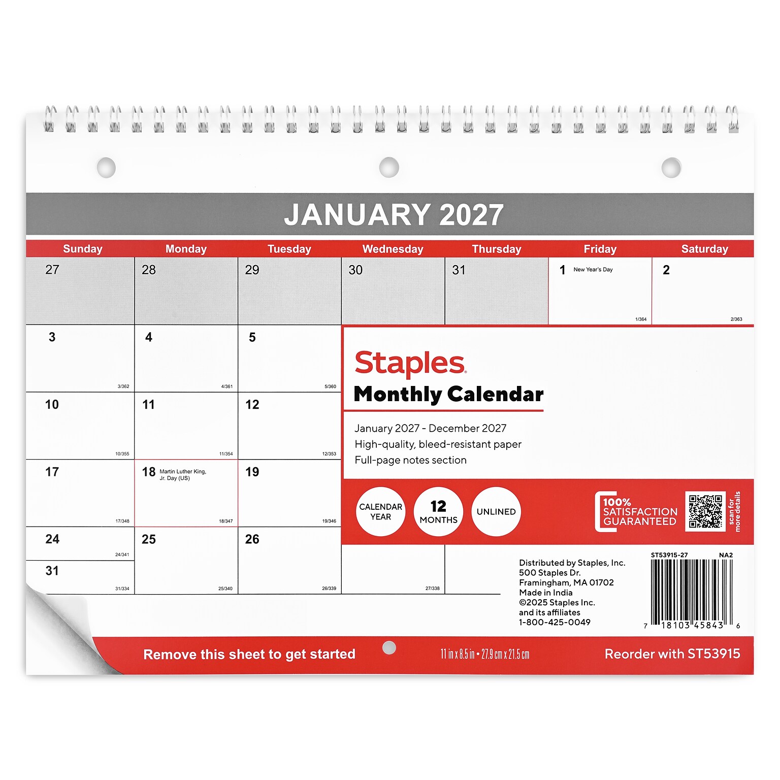 2027 Staples 11 x 8.5 Monthly Wall Calendar, White/Red/Gray (ST53915-27)