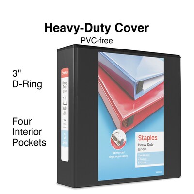 Staples® Heavy Duty 3" 3 Ring View Binder with D-Rings, Black, 4/Pack (24690CT)