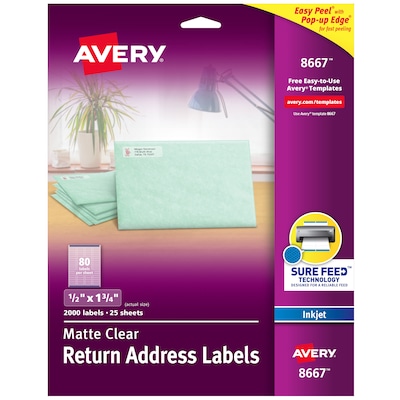 Avery Easy Peel Inkjet Return Address Labels, 1/2 x 1-3/4, Clear, 80 Labels/Sheet, 25 Sheets/Pack