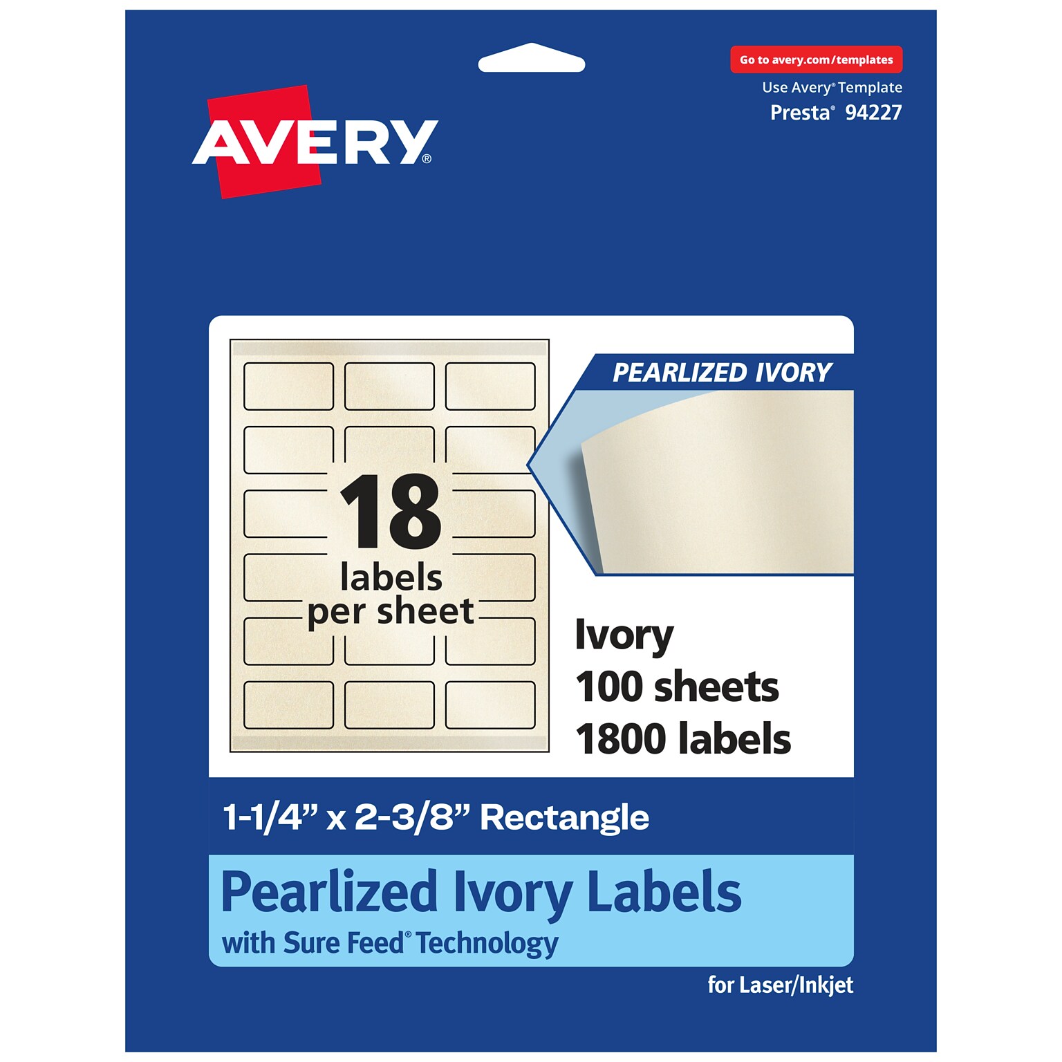 Avery Pearlized Ivory Rectangle Multipurpose Labels, 1-1/4 x 2-3/8, Ivory, 1800/Box (94227)
