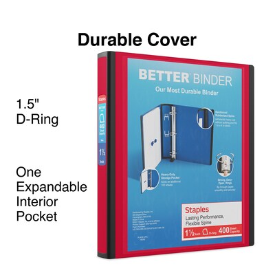 Staples® Better 1-1/2" 3 Ring View Binder with D-Rings, Red (18369)