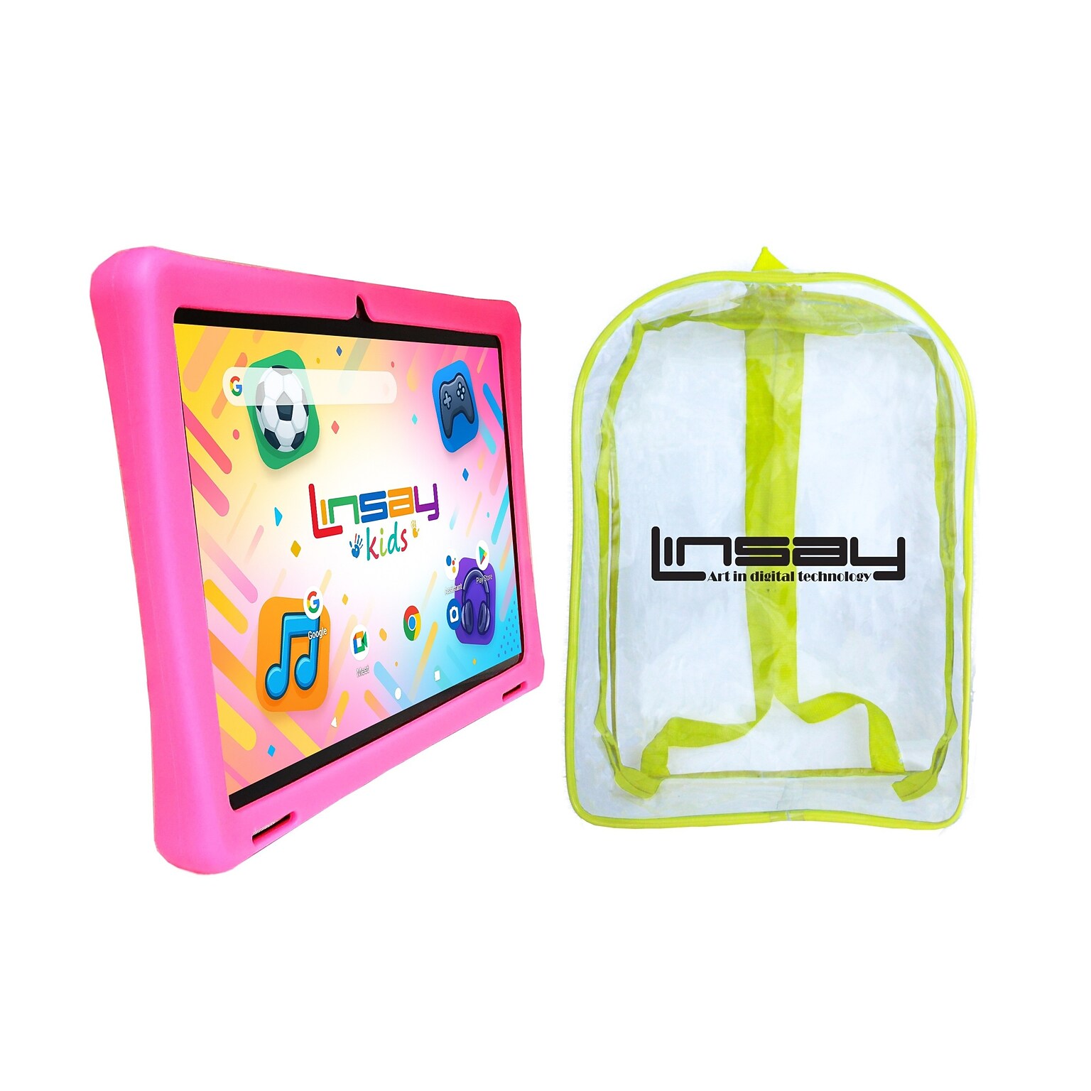 LINSAY F10 Series 10.1 Tablet, Wi-Fi, Octa Core, 256GB eMMC, Android 15, Pink Kids Defender Case & Backpack
