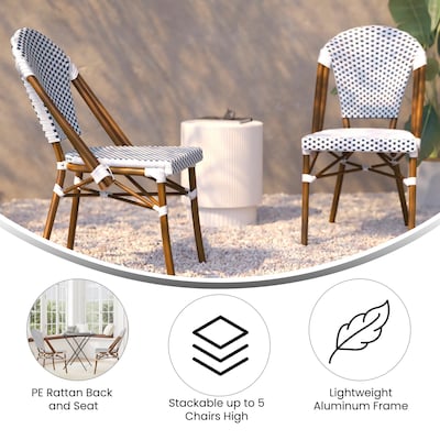 Flash Furniture Lourdes Contemporary Aluminum and PE Rattan Bistro Stacking Chair, White/Navy/Natural (SDA6421FWHNVNAT)