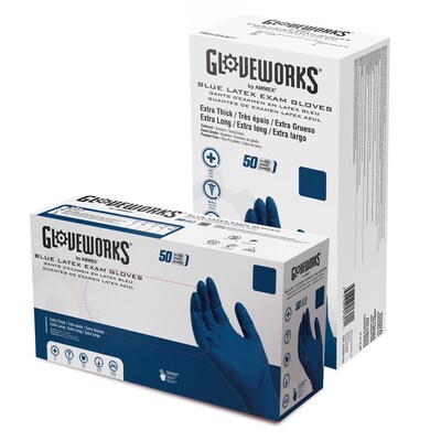 GloveWorks Powder Free Latex Food Safe Exam Gloves, Medium, Blue, 50 Gloves/Box (GPLHD84100)