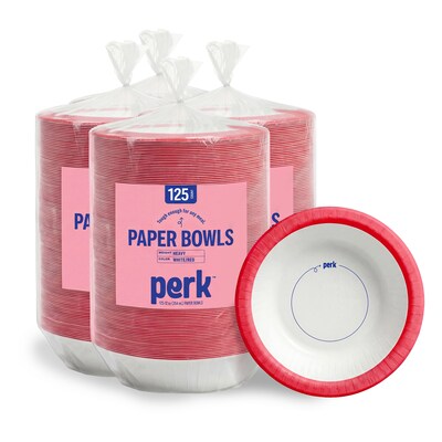 Perk™ Heavy-Weight Paper Bowls, 12 Oz., White/Red, 500/Carton (PK54332)